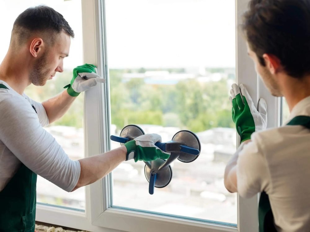 Two workers installing large glass pane