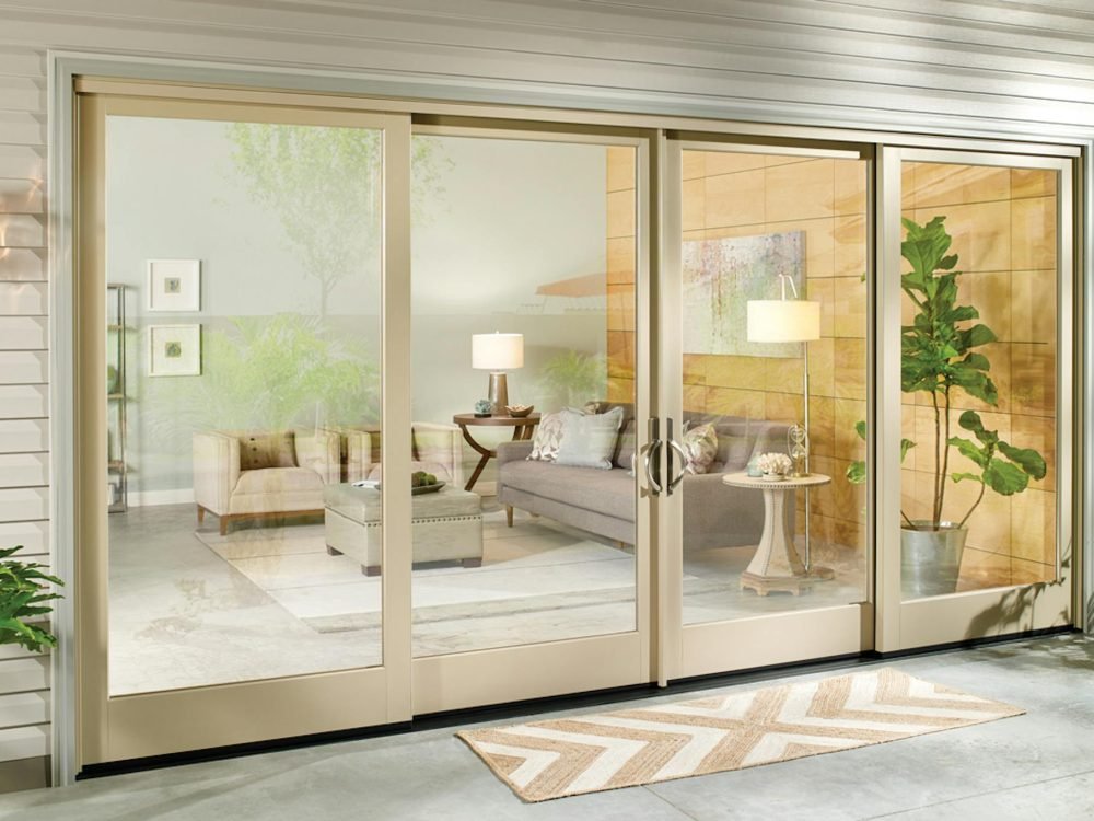 Sliding glass doors reflect living room