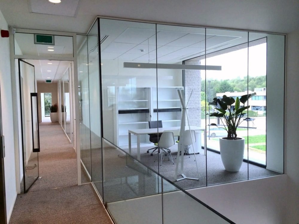 Glass partition system in commercial building.