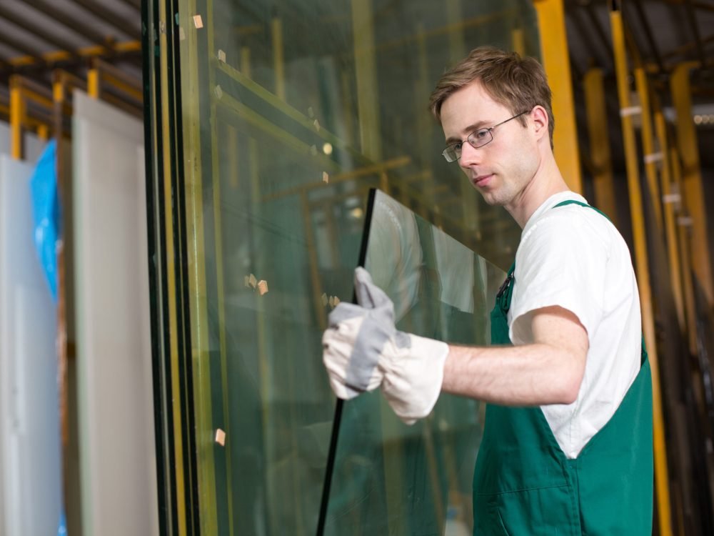 A worker installing a glass window